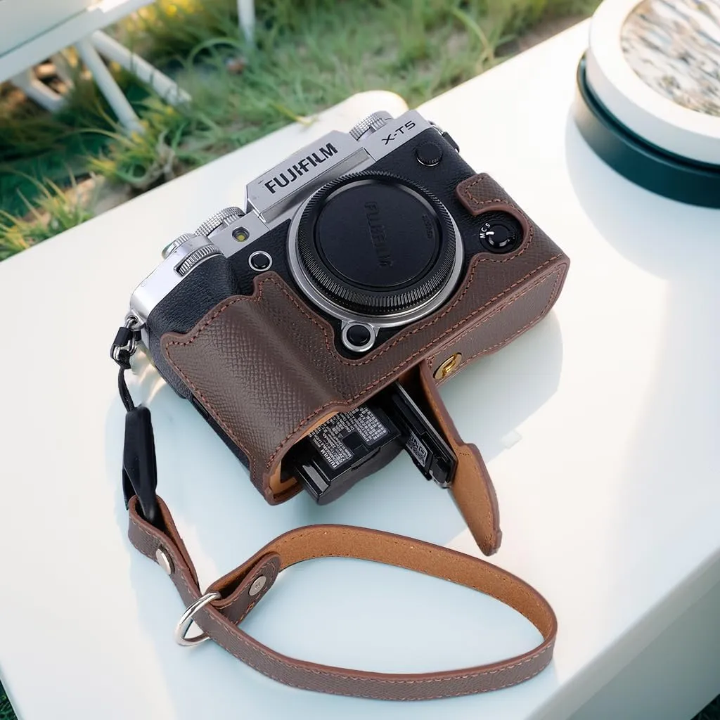 Bowan X-T5 Camera Case, Handmade Genuine Real Leather Half Camera Case Bag Cover for Fujifilm Fuji X-T5 X-T5 Camera Bottom Opening Version   Hand Strap (coffee)