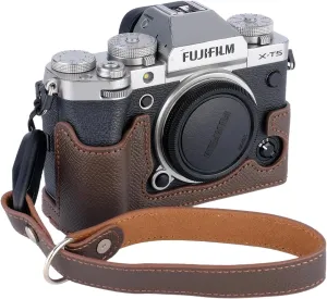 Bowan X-T5 Camera Case, Handmade Genuine Real Leather Half Camera Case Bag Cover for Fujifilm Fuji X-T5 X-T5 Camera Bottom Opening Version   Hand Strap (coffee)