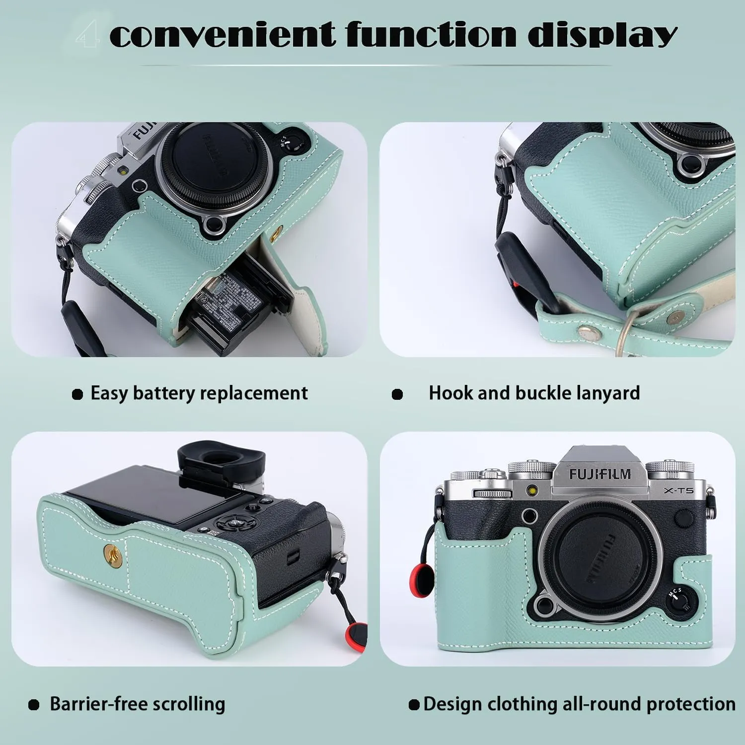 Bowan X-T5 Camera Case, Handmade Genuine Real Leather Half Camera Case Bag Cover for Fujifilm Fuji X-T5 X-T5 Camera Bottom Opening Version   Hand Strap (Mint green)
