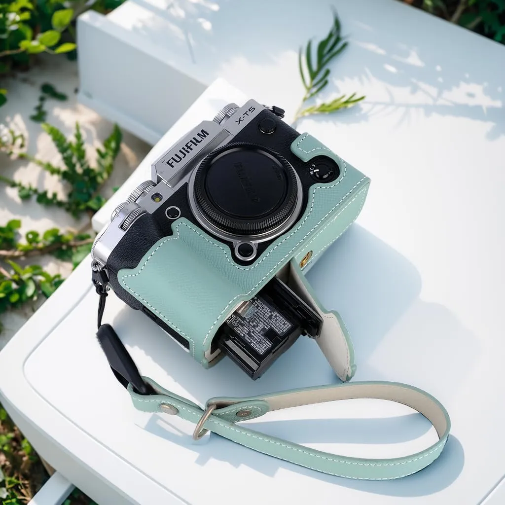 Bowan X-T5 Camera Case, Handmade Genuine Real Leather Half Camera Case Bag Cover for Fujifilm Fuji X-T5 X-T5 Camera Bottom Opening Version   Hand Strap (Mint green)