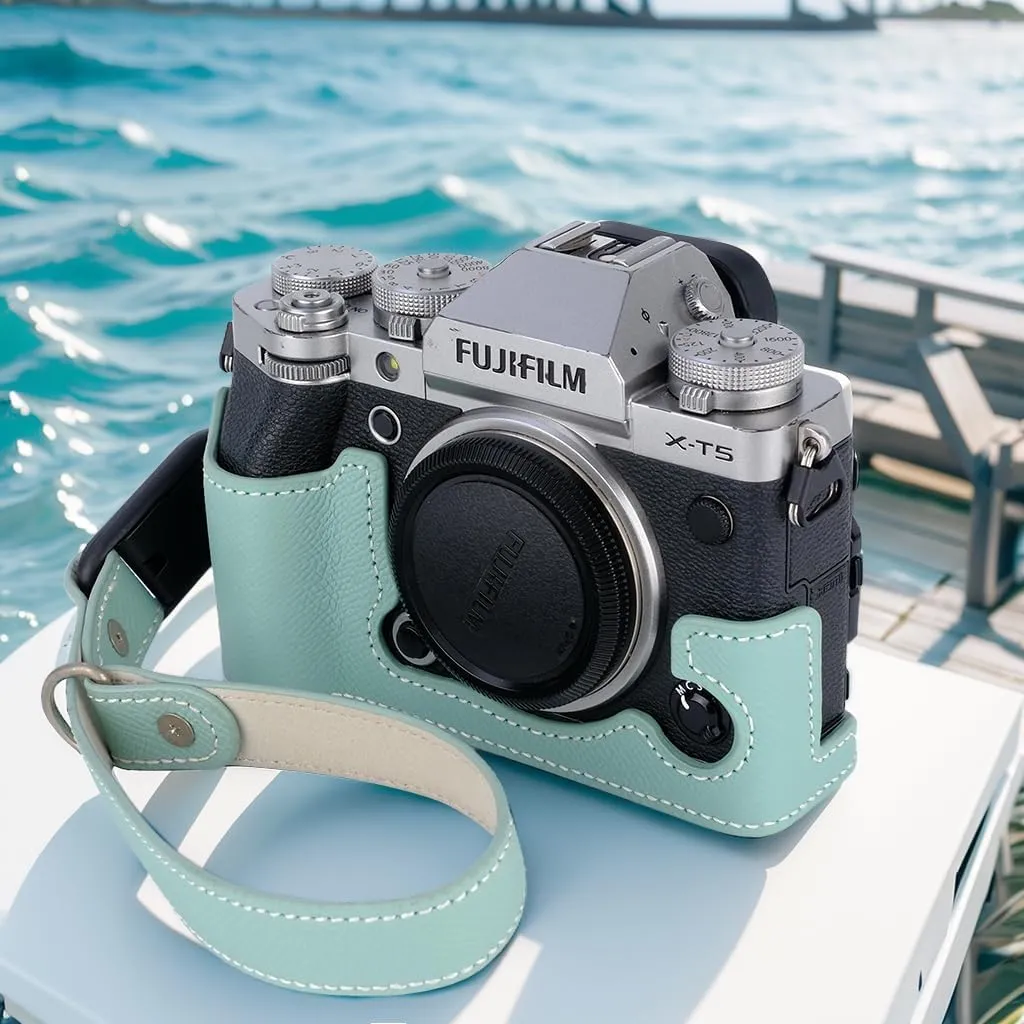 Bowan X-T5 Camera Case, Handmade Genuine Real Leather Half Camera Case Bag Cover for Fujifilm Fuji X-T5 X-T5 Camera Bottom Opening Version   Hand Strap (Mint green)