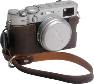 Bowan X100V Camera Case, Handmade Genuine Real Leather Half Camera Case Bag Cover for Fujifilm X100V Camera Bottom Opening Version   Hand Strap (Brown)