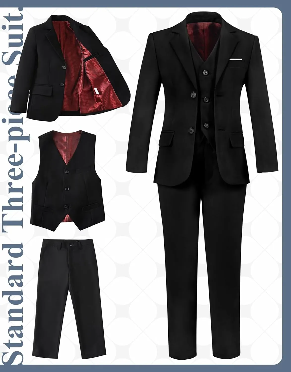 Boy's Suit Slim Fit Formal 3 Pieces Suit Set, Dress Suit Blazer Vest Pants, Kids Wedding Ring Bearer Outfit Size 2T-20