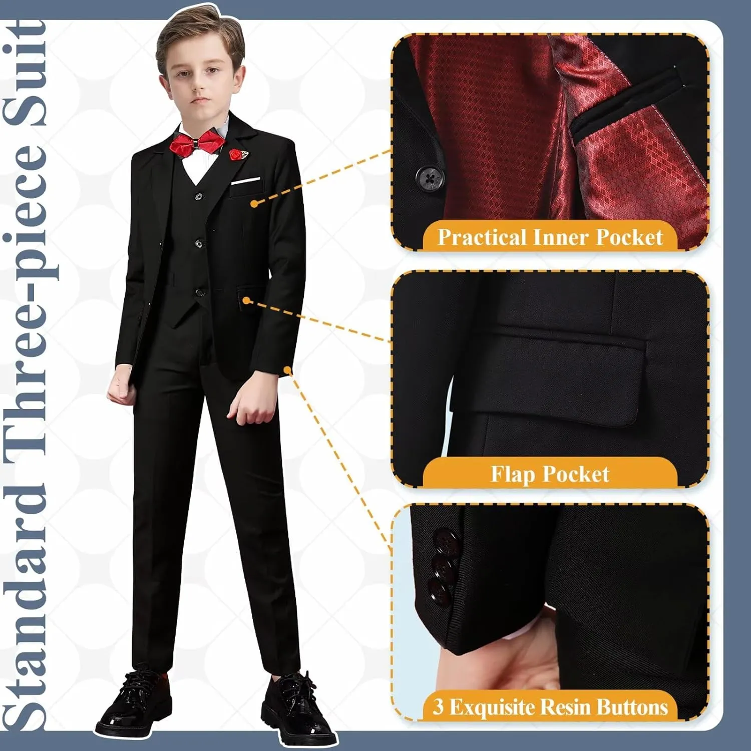 Boy's Suit Slim Fit Formal 3 Pieces Suit Set, Dress Suit Blazer Vest Pants, Kids Wedding Ring Bearer Outfit Size 2T-20