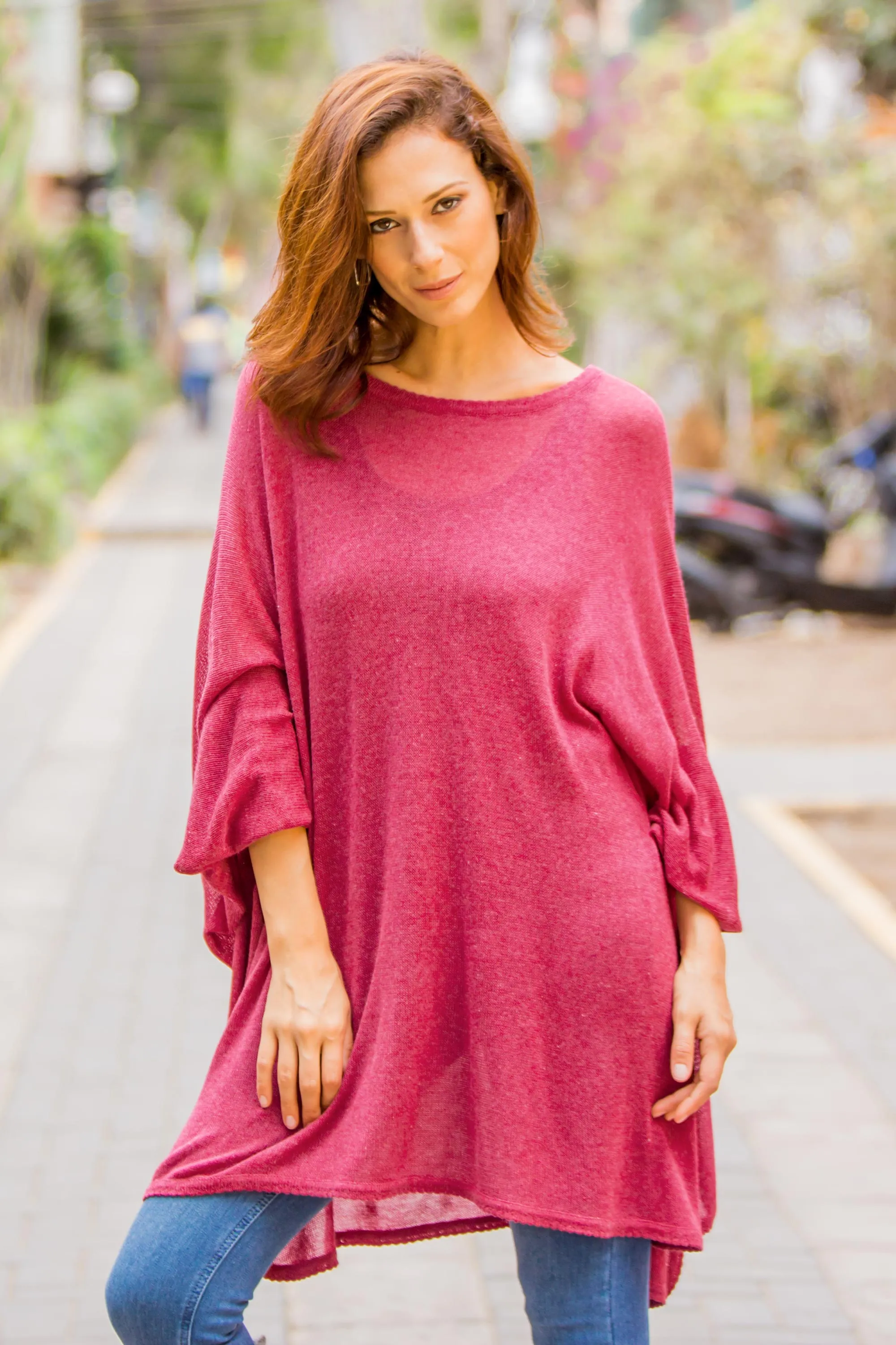 Bright Wind Soft Knit Bohemian Style Wine Drape Sweater from Peru