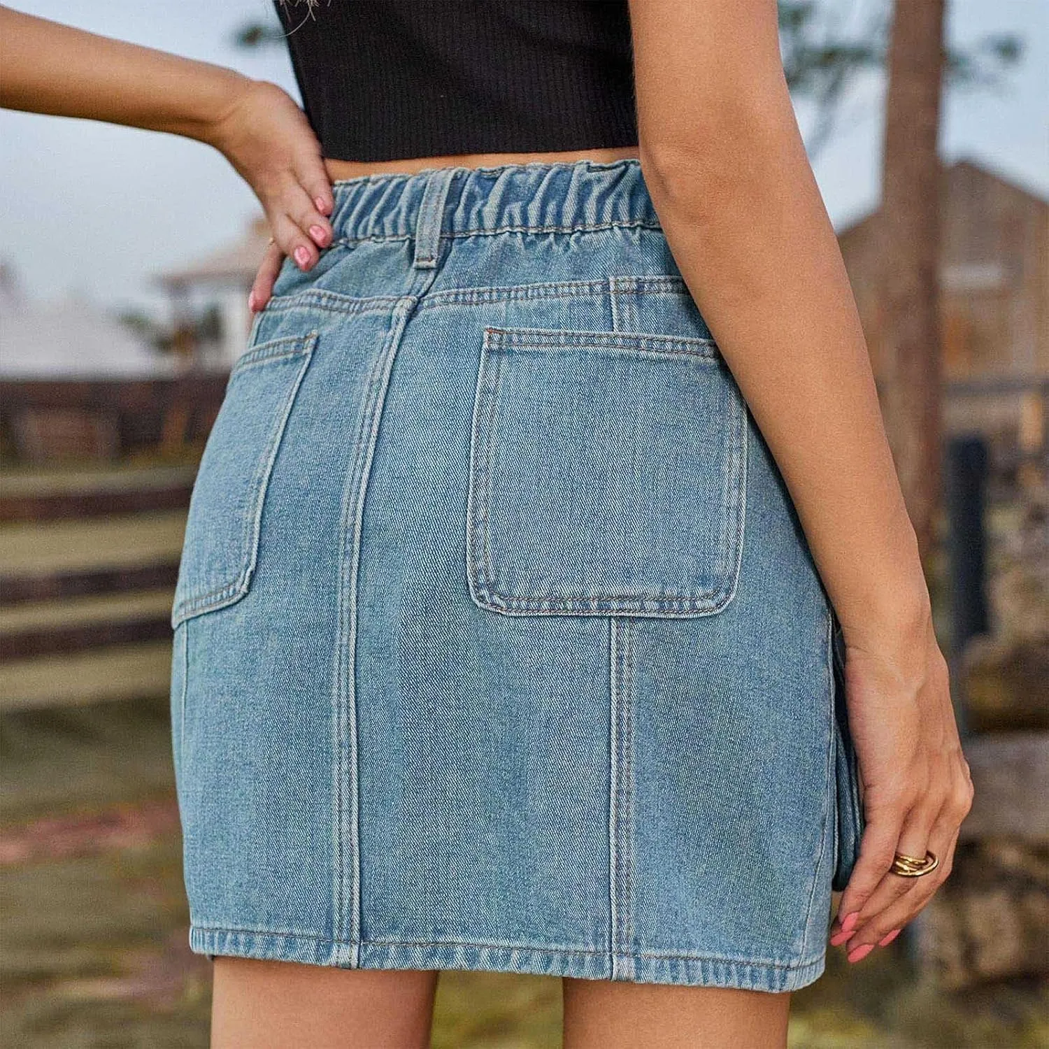 BTDECLAR Denim Skirt for Women Trendy Summer High Waisted Button Mini Jean Skirt Bodycon Cargo Short Skirts with Flap Pockets