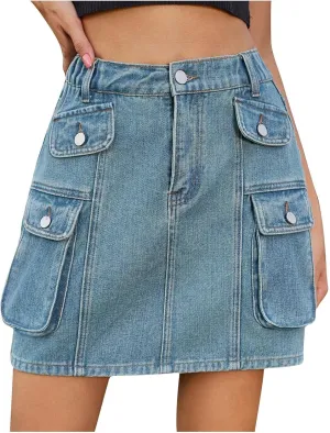 BTDECLAR Denim Skirt for Women Trendy Summer High Waisted Button Mini Jean Skirt Bodycon Cargo Short Skirts with Flap Pockets