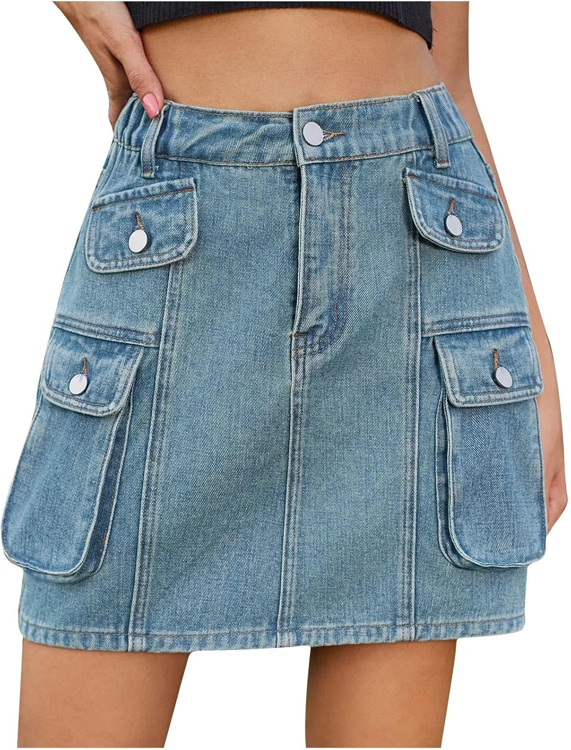 BTDECLAR Denim Skirt for Women Trendy Summer High Waisted Button Mini Jean Skirt Bodycon Cargo Short Skirts with Flap Pockets