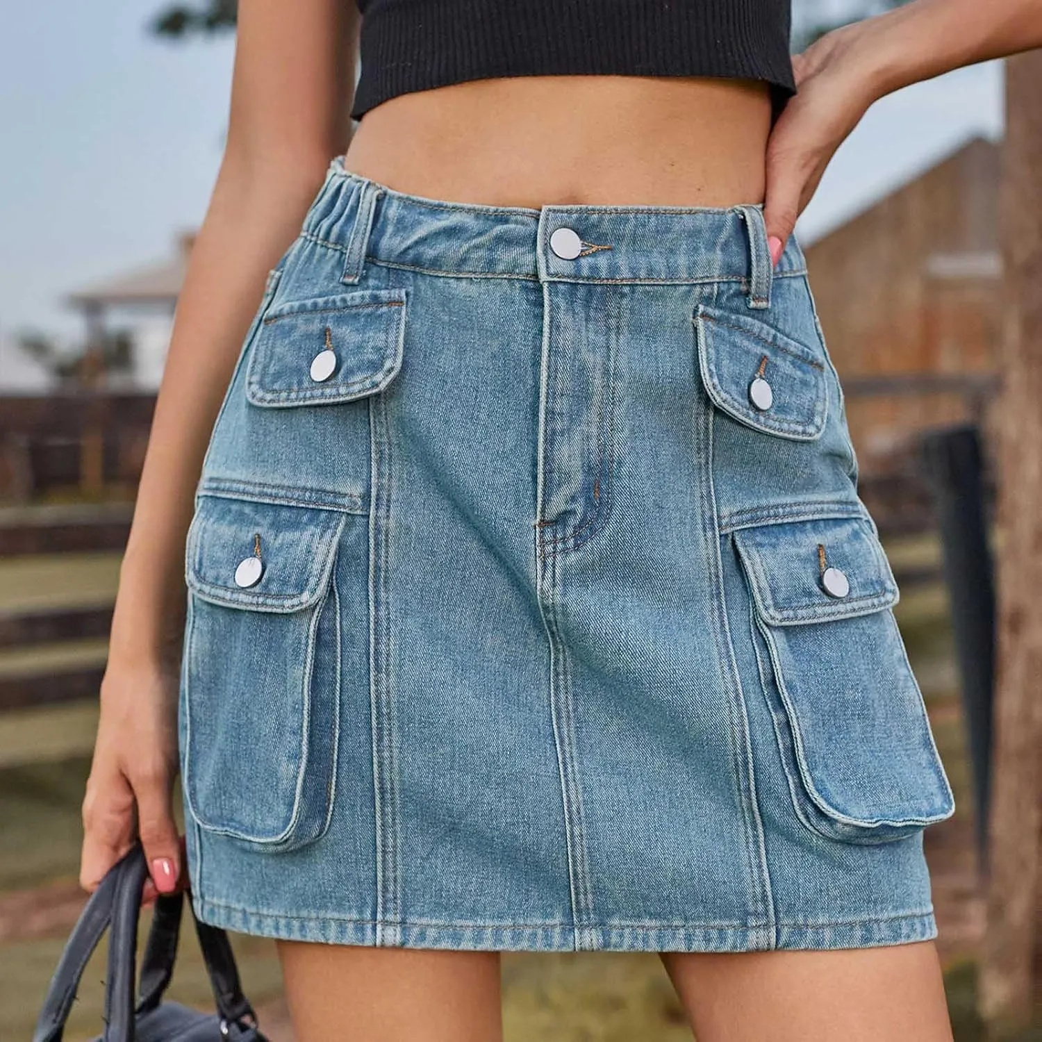 BTDECLAR Denim Skirt for Women Trendy Summer High Waisted Button Mini Jean Skirt Bodycon Cargo Short Skirts with Flap Pockets