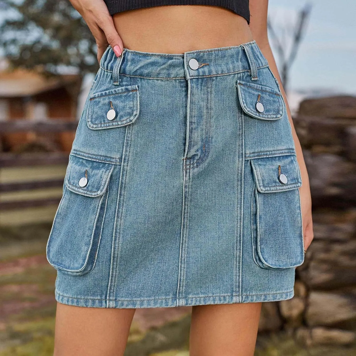 BTDECLAR Denim Skirt for Women Trendy Summer High Waisted Button Mini Jean Skirt Bodycon Cargo Short Skirts with Flap Pockets