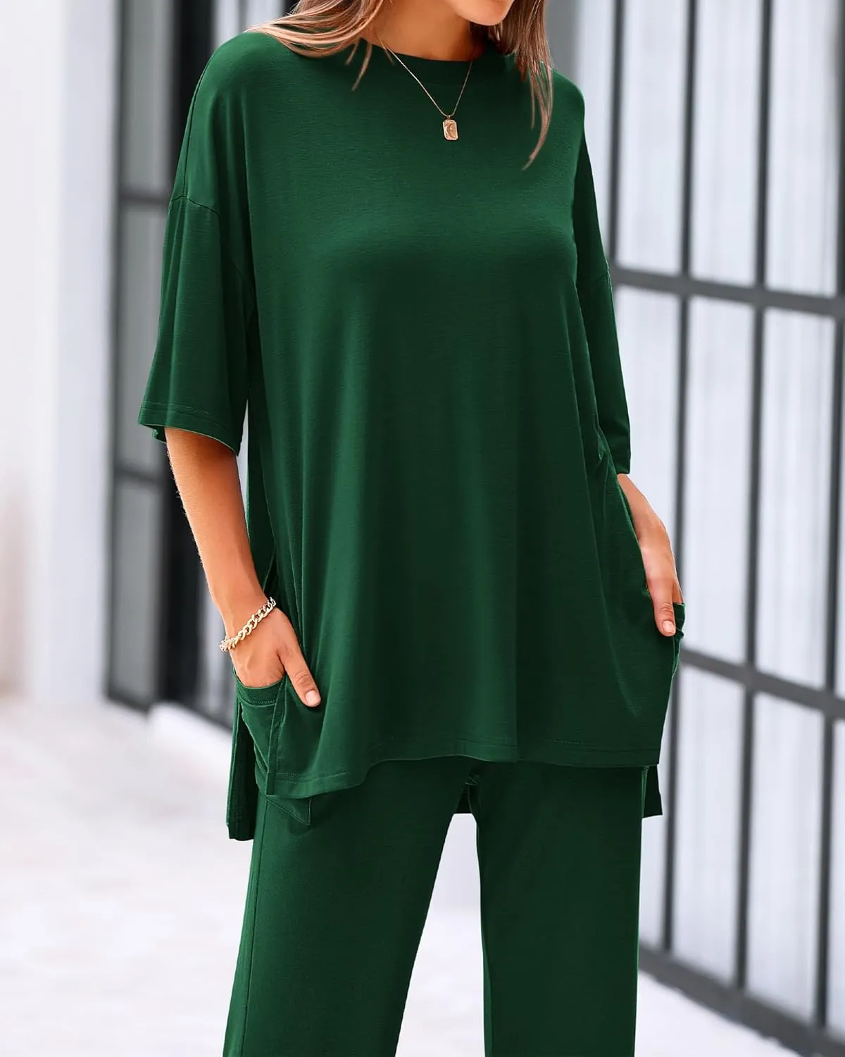 BTFBM Women 2 Piece Outfits Casual Loose Slit Short Sleeve Top Wide Leg Pants Matching Lounge Sets Tracksuit With Pocket