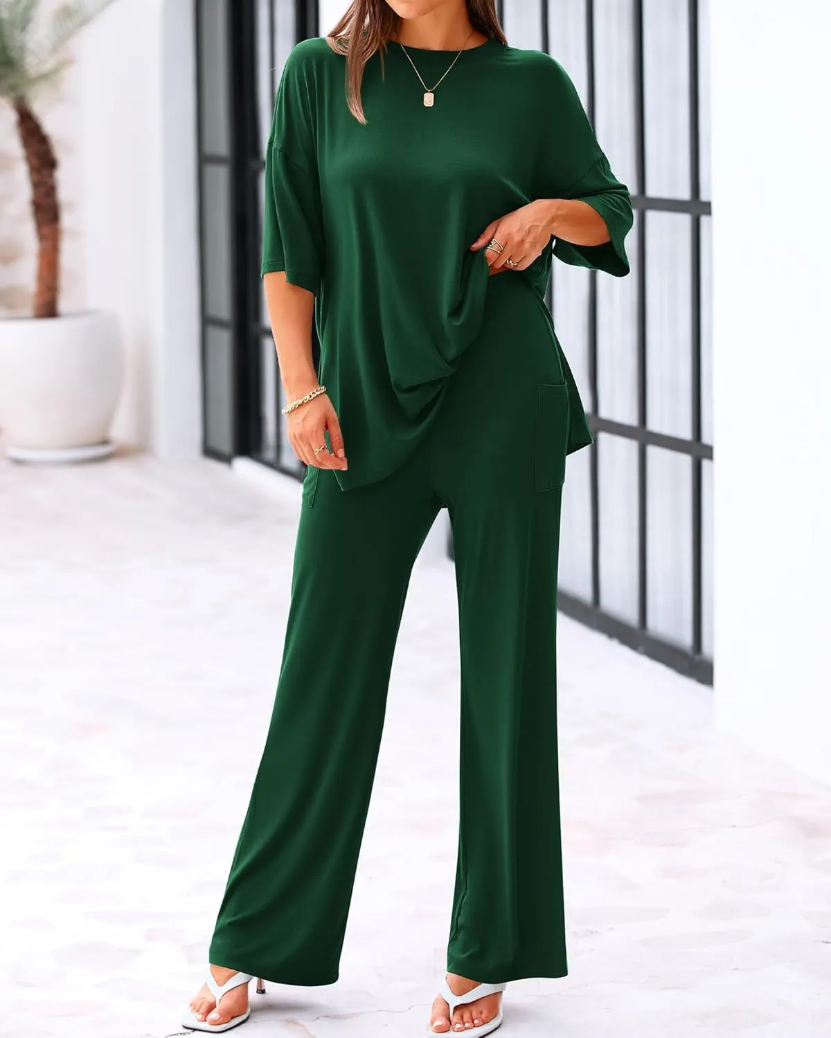 BTFBM Women 2 Piece Outfits Casual Loose Slit Short Sleeve Top Wide Leg Pants Matching Lounge Sets Tracksuit With Pocket