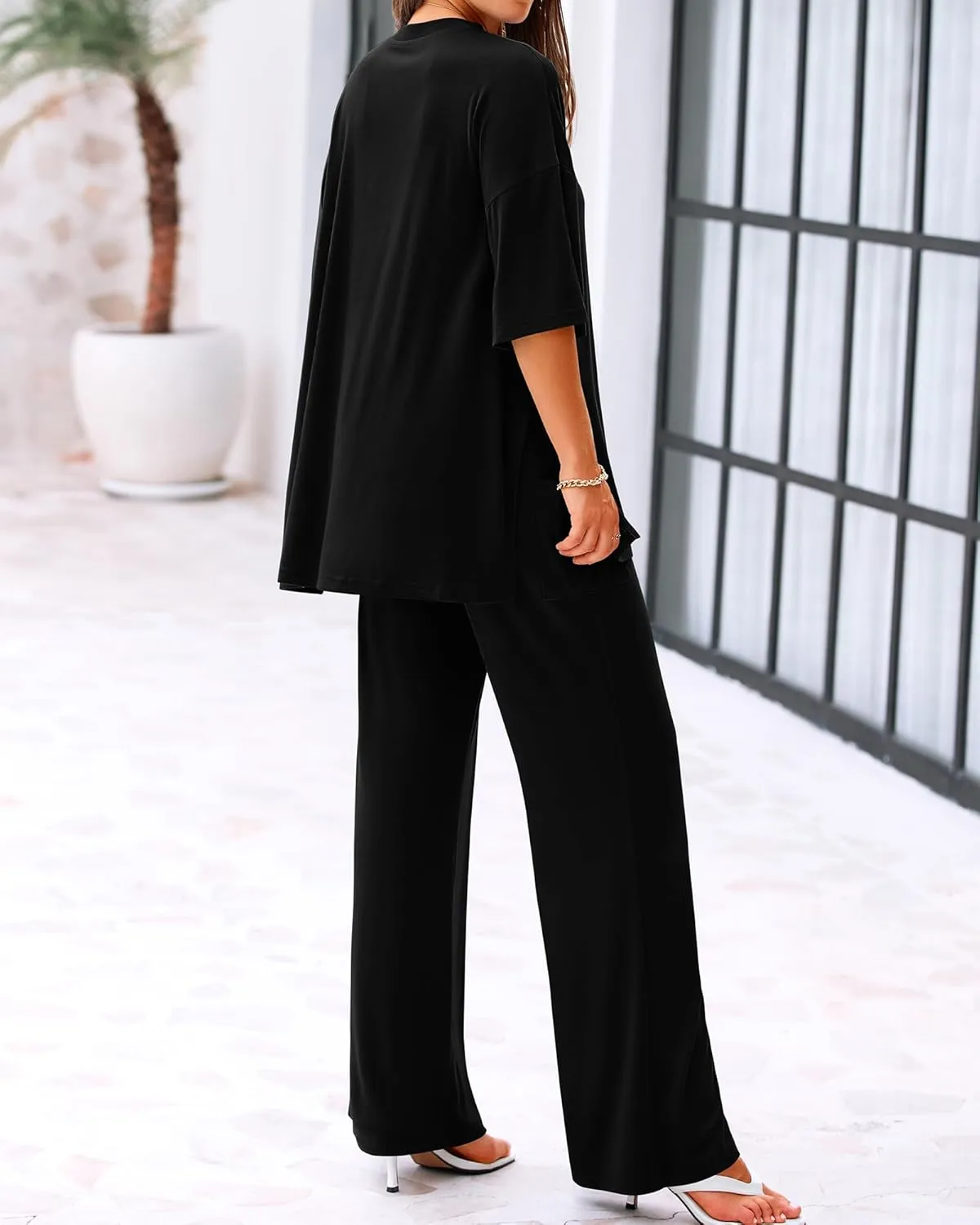 BTFBM Women 2 Piece Outfits Casual Loose Slit Short Sleeve Top Wide Leg Pants Matching Lounge Sets Tracksuit With Pocket