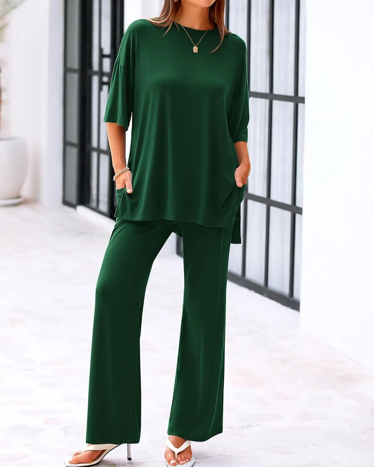 BTFBM Women 2 Piece Outfits Casual Loose Slit Short Sleeve Top Wide Leg Pants Matching Lounge Sets Tracksuit With Pocket