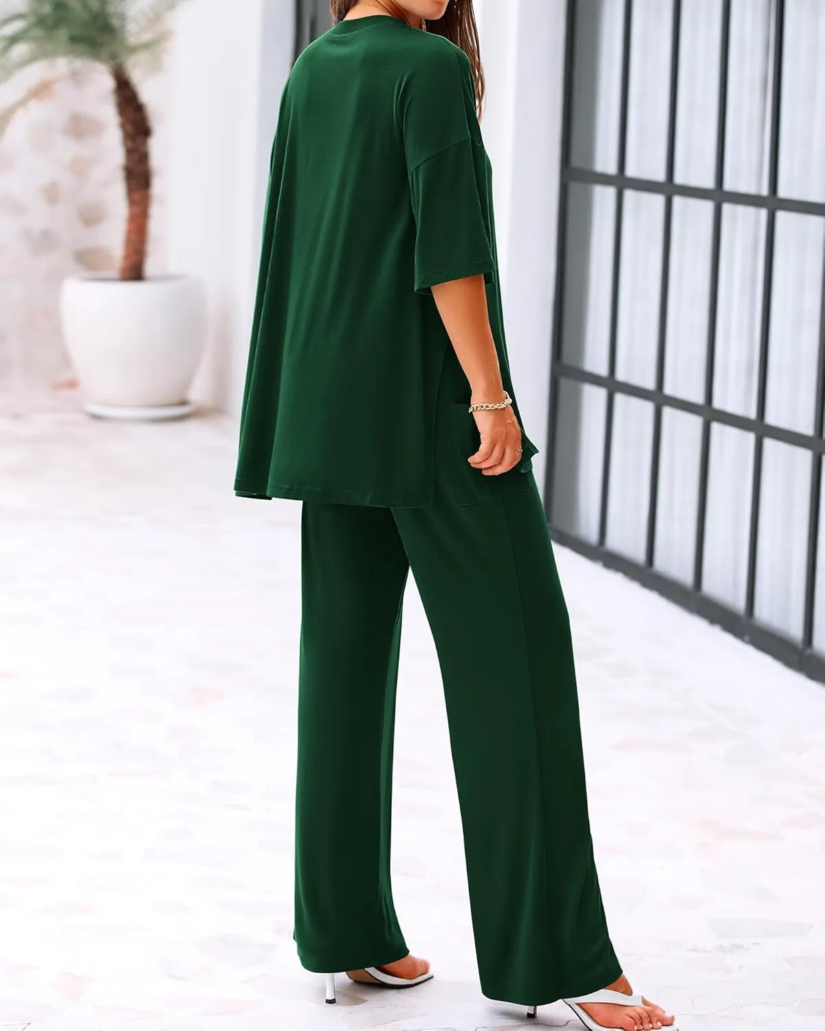 BTFBM Women 2 Piece Outfits Casual Loose Slit Short Sleeve Top Wide Leg Pants Matching Lounge Sets Tracksuit With Pocket