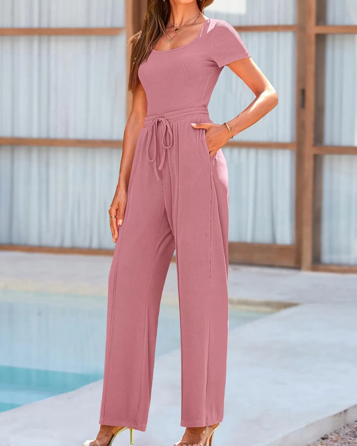 BTFBM Womens Casual 2 Pieces Outfits Dressy Square Neck Short Sleeve Bodysuit Drawstring Pants Knit Lounge Matching Sets