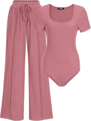 BTFBM Womens Casual 2 Pieces Outfits Dressy Square Neck Short Sleeve Bodysuit Drawstring Pants Knit Lounge Matching Sets