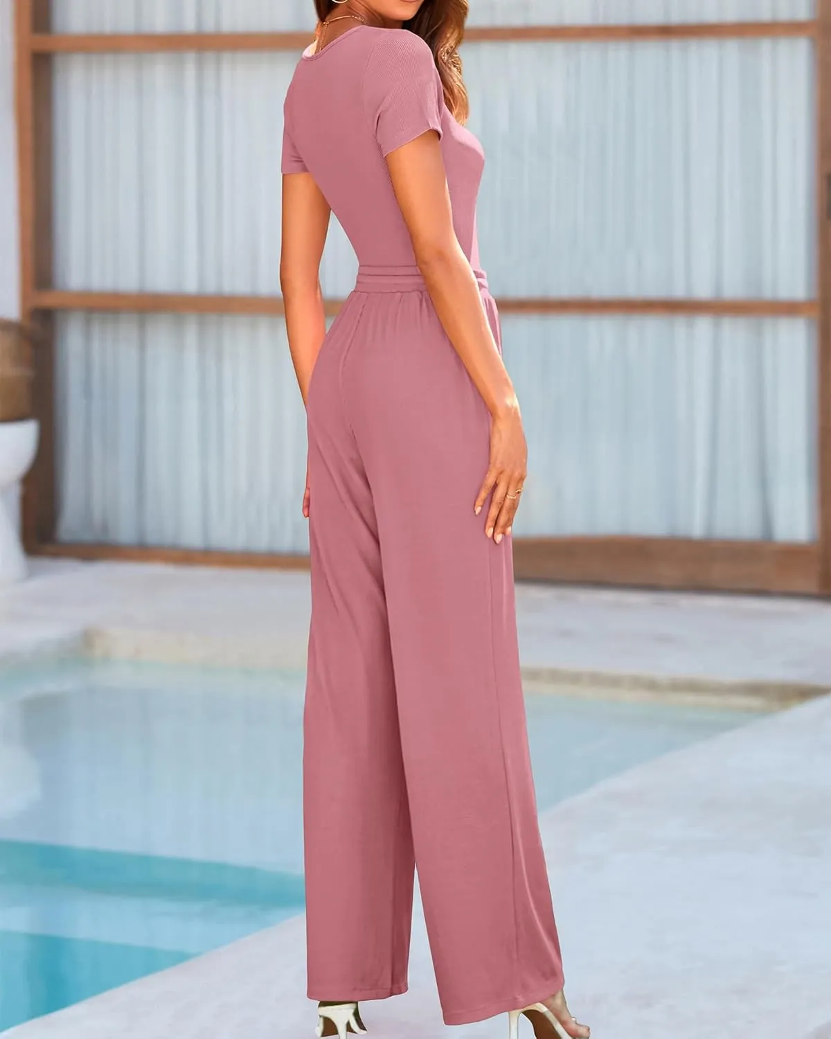BTFBM Womens Casual 2 Pieces Outfits Dressy Square Neck Short Sleeve Bodysuit Drawstring Pants Knit Lounge Matching Sets
