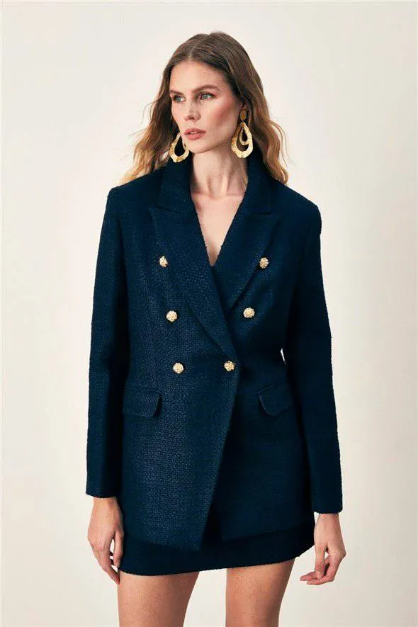 Button Detailed Tweed Jacket - Navy Blue