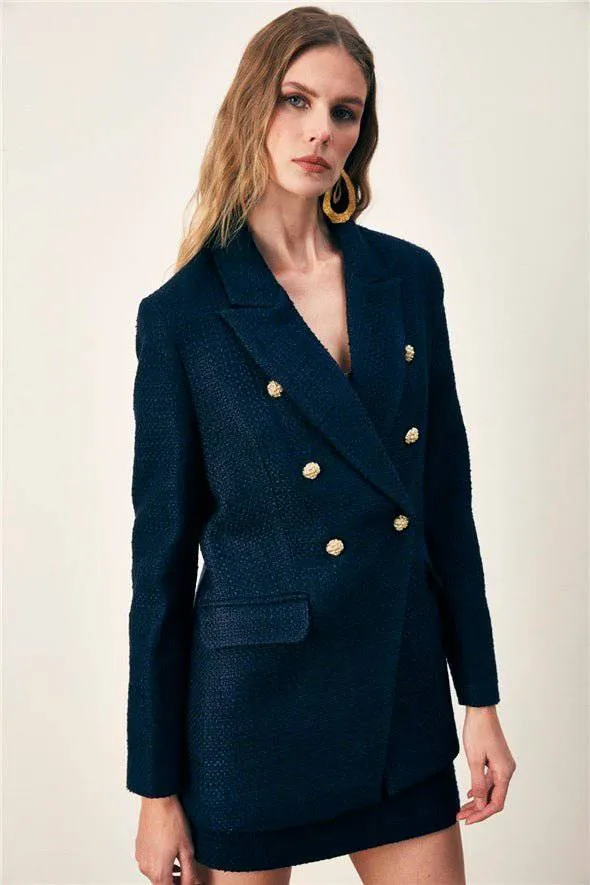 Button Detailed Tweed Jacket - Navy Blue