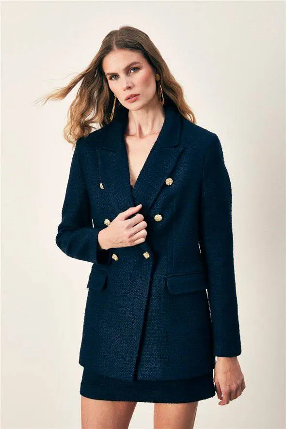 Button Detailed Tweed Jacket - Navy Blue