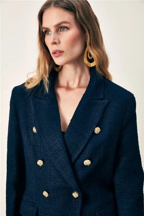 Button Detailed Tweed Jacket - Navy Blue