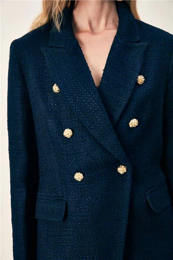 Button Detailed Tweed Jacket - Navy Blue