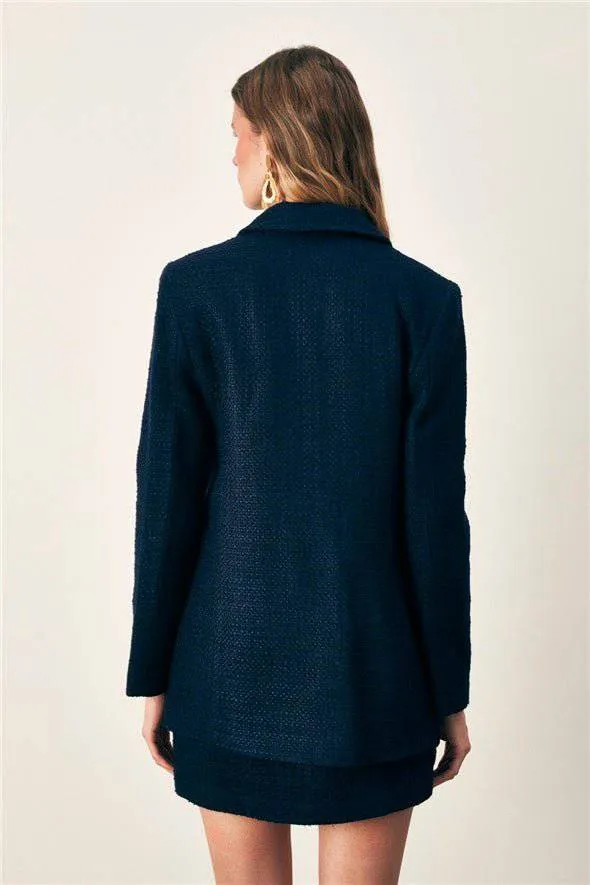 Button Detailed Tweed Jacket - Navy Blue