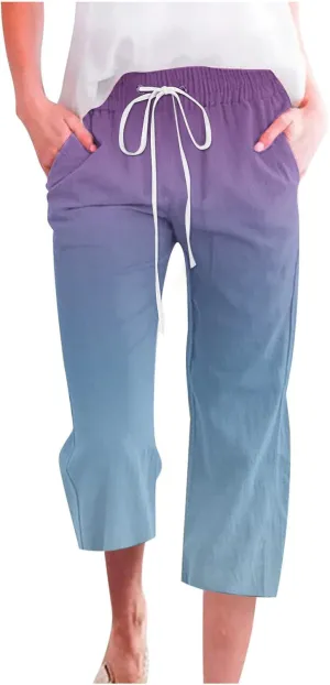 BZGTZT Capri Pants for Women Summer Fashion Gradient Height Waist Elastic Cropped Trousers Wide Leg Linen Pants with Pocket
