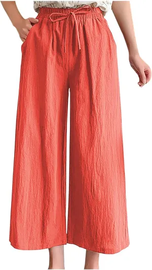 BZGTZT Linen Capri Pants for Women Flowy Summer High Waist Wide Leg Pant with Pockets Lounge Trousers Casual Palazzo Pants