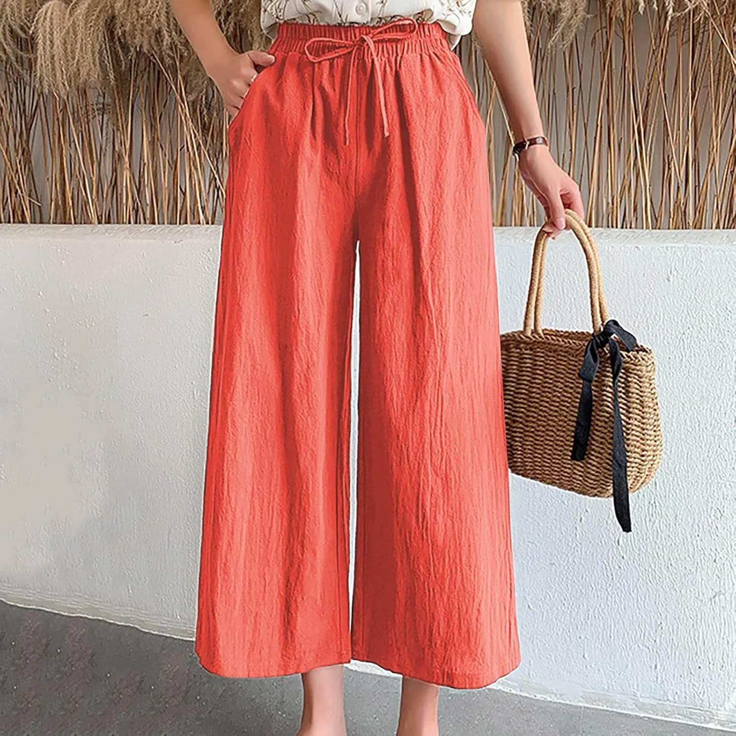 BZGTZT Linen Capri Pants for Women Flowy Summer High Waist Wide Leg Pant with Pockets Lounge Trousers Casual Palazzo Pants