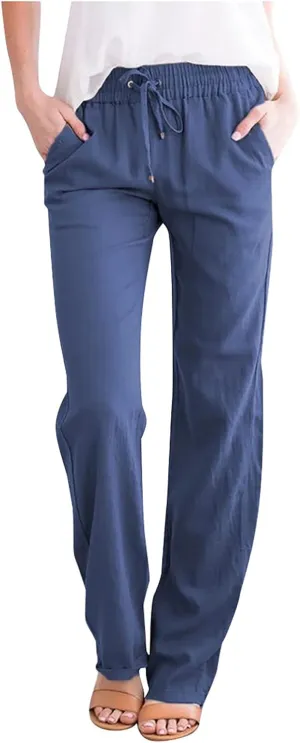 BZGTZT Linen Pants for Women Summer Casual Loose Drawstring Elastic High Waist Comfy Trousers Straight Leg Long Lounge Pant