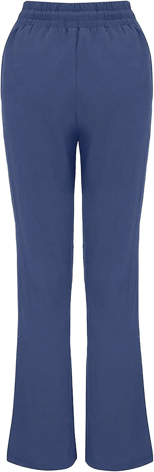 BZGTZT Linen Pants for Women Summer Casual Loose Drawstring Elastic High Waist Comfy Trousers Straight Leg Long Lounge Pant