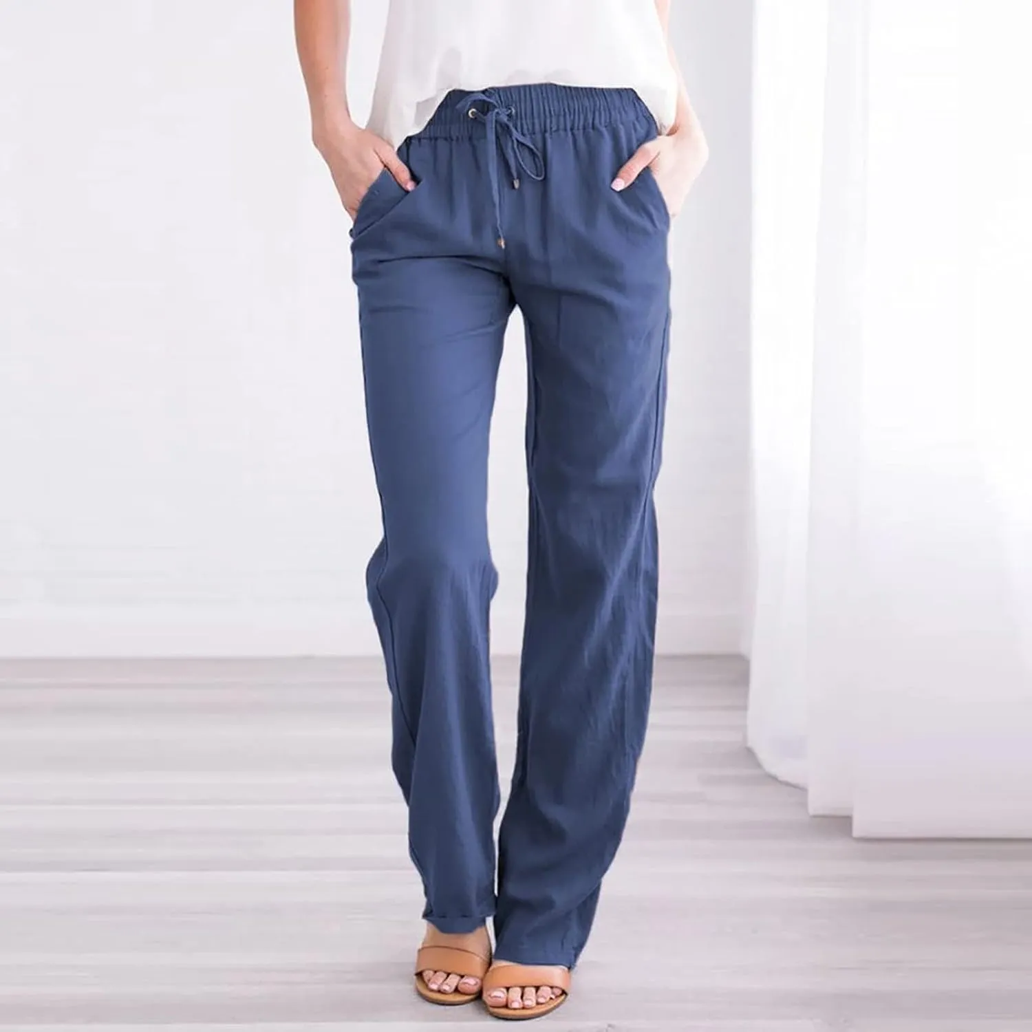 BZGTZT Linen Pants for Women Summer Casual Loose Drawstring Elastic High Waist Comfy Trousers Straight Leg Long Lounge Pant