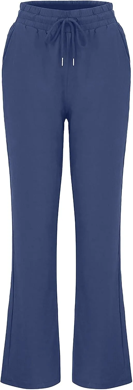 BZGTZT Linen Pants for Women Summer Casual Loose Drawstring Elastic High Waist Comfy Trousers Straight Leg Long Lounge Pant