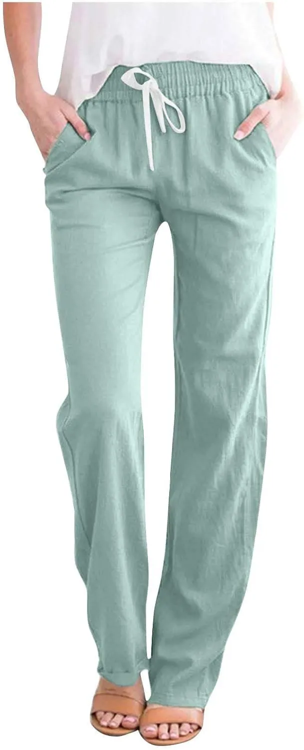 BZGTZT Wide Leg Pants for Women Summer High Waist Drawstring Pants Loose Fit Beach Pants Comfy Lightweight Linen Trousers