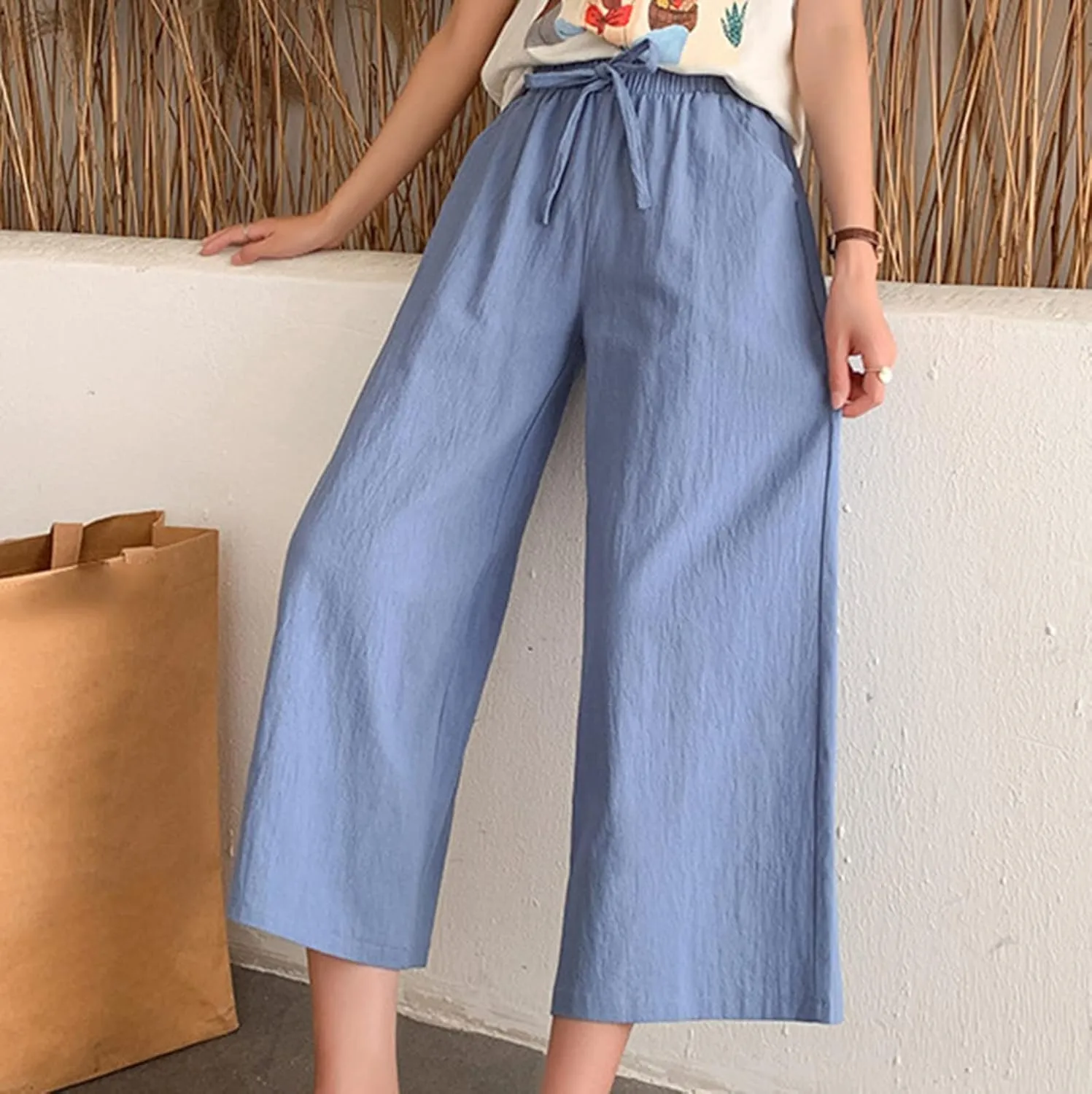 BZGTZT Women Cotton Linen Capri Pants Summer Casual Wide Leg Trousers Elastic Waist Drawstring Loose Beach Pants with Pocket