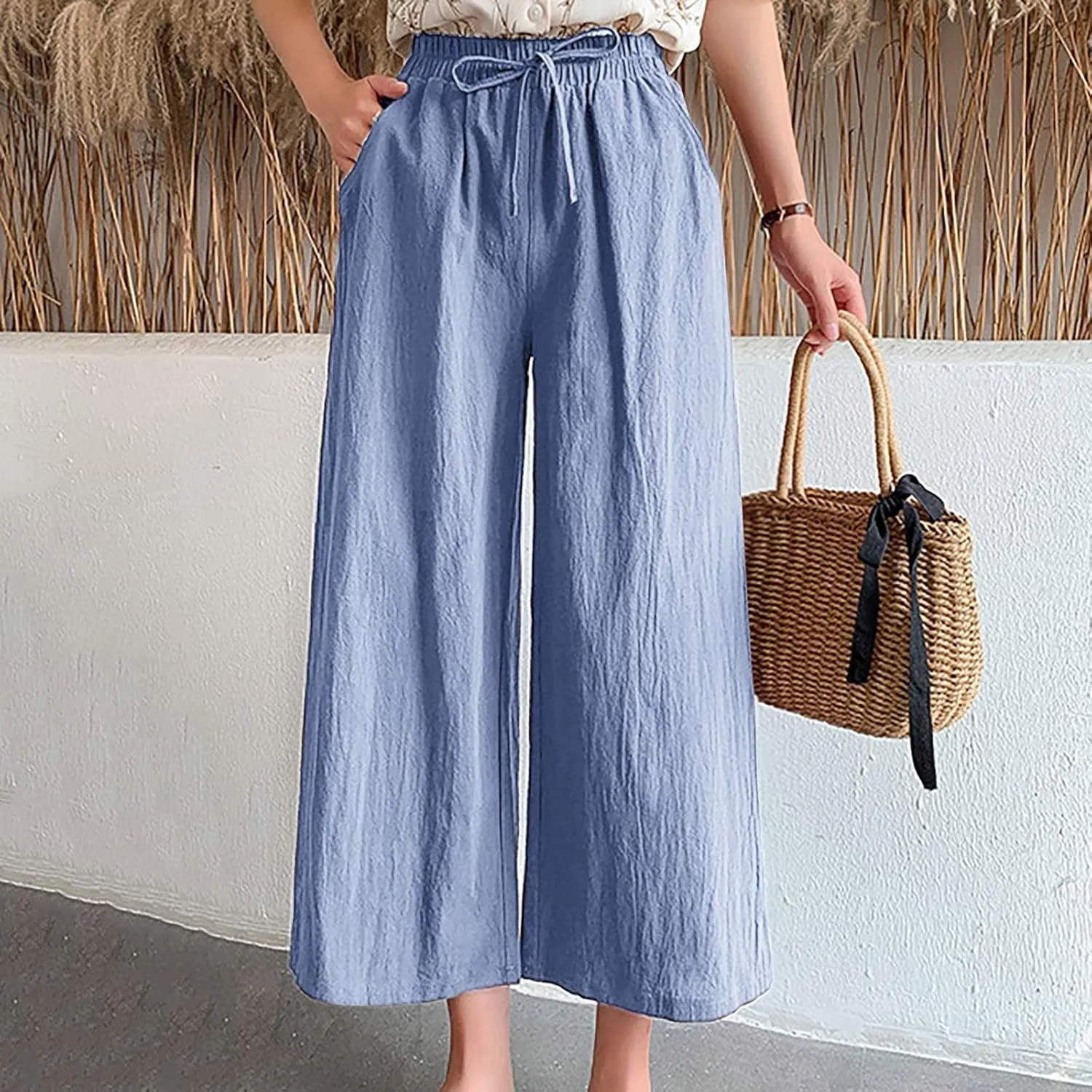 BZGTZT Women Cotton Linen Capri Pants Summer Casual Wide Leg Trousers Elastic Waist Drawstring Loose Beach Pants with Pocket