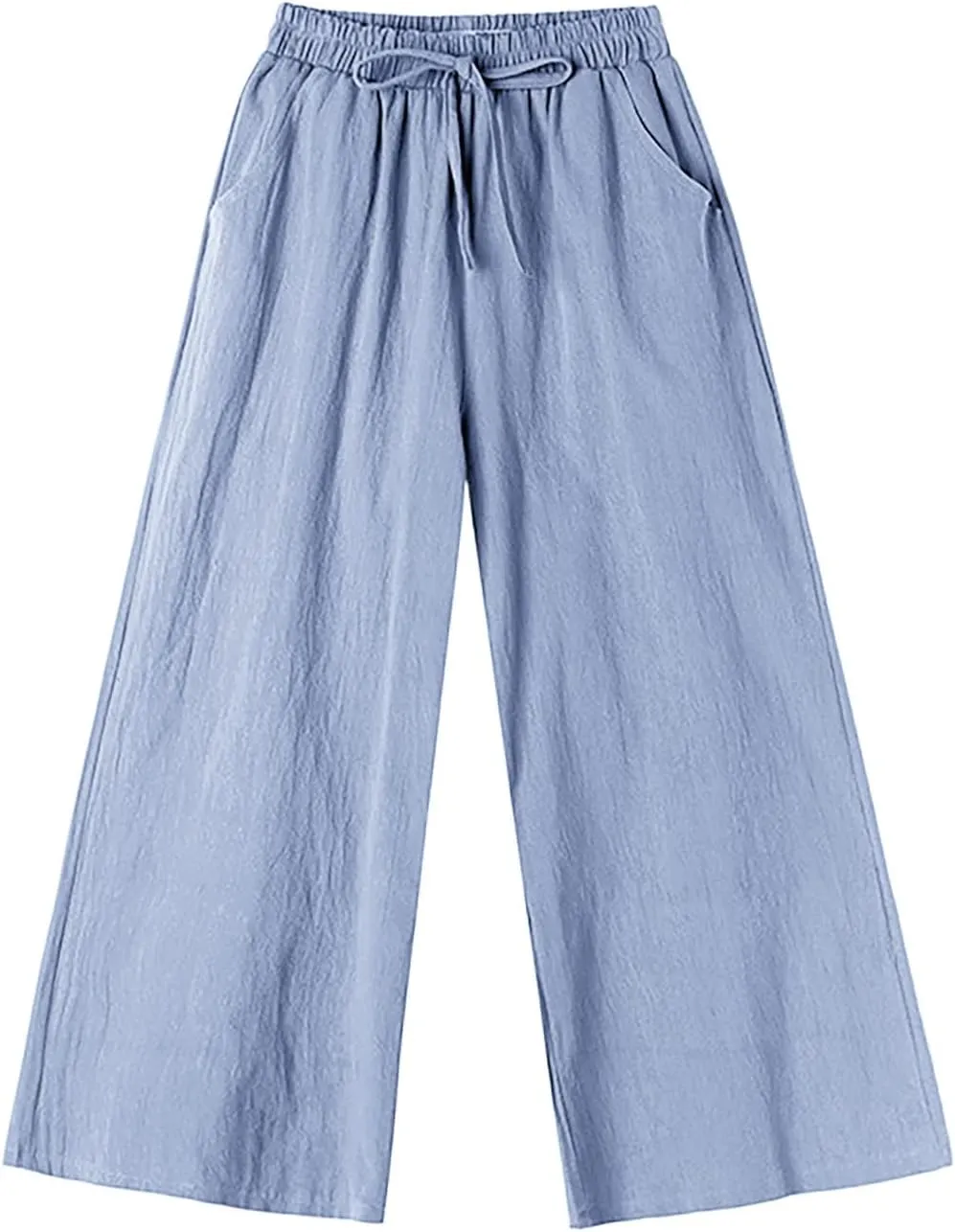 BZGTZT Women Cotton Linen Capri Pants Summer Casual Wide Leg Trousers Elastic Waist Drawstring Loose Beach Pants with Pocket