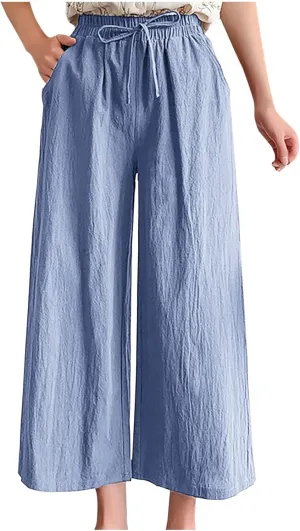 BZGTZT Women Cotton Linen Capri Pants Summer Casual Wide Leg Trousers Elastic Waist Drawstring Loose Beach Pants with Pocket
