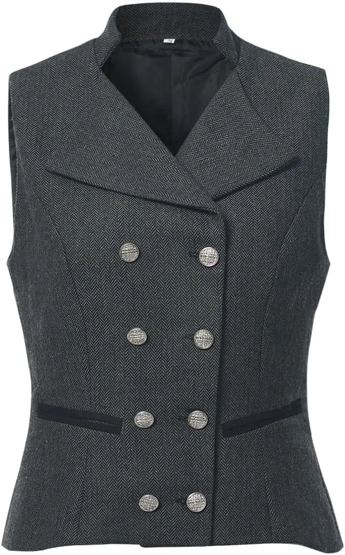 CAMDOM Women 50s Vintage Suit Vest Work Tweed Slim Fit Waistcoat V Neck Double Breasted Sleeveless Blazer Jacket with Pockets