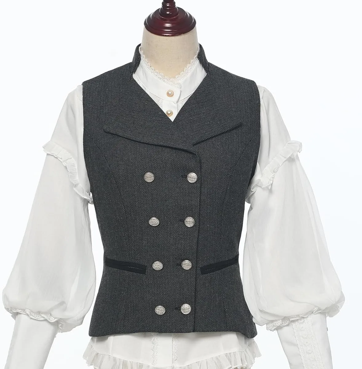 CAMDOM Women 50s Vintage Suit Vest Work Tweed Slim Fit Waistcoat V Neck Double Breasted Sleeveless Blazer Jacket with Pockets