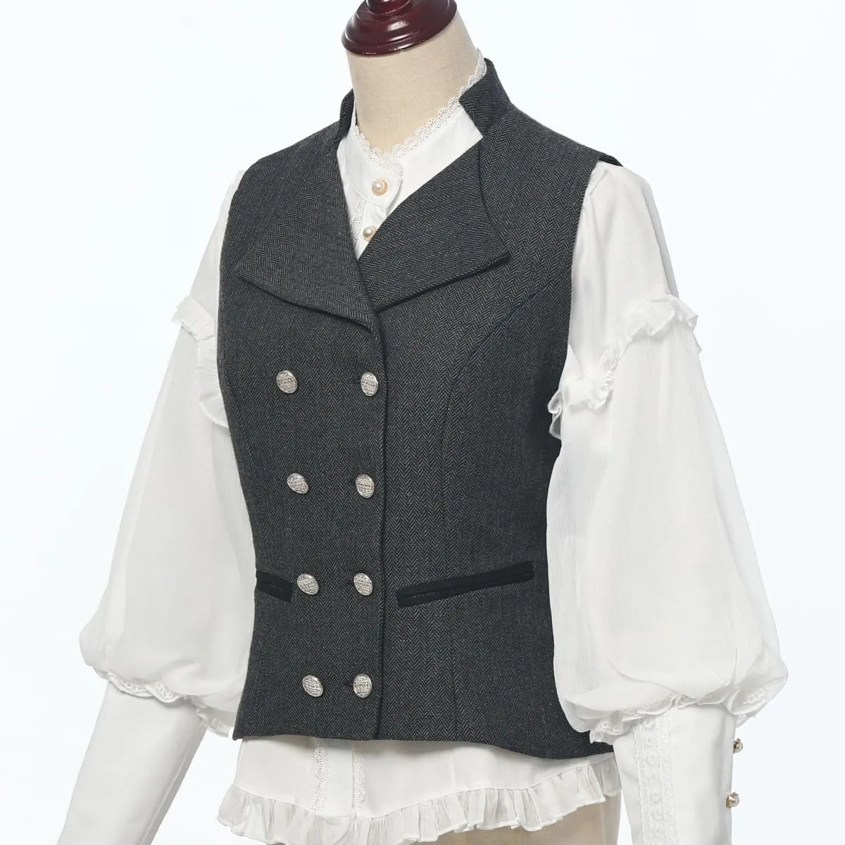 CAMDOM Women 50s Vintage Suit Vest Work Tweed Slim Fit Waistcoat V Neck Double Breasted Sleeveless Blazer Jacket with Pockets