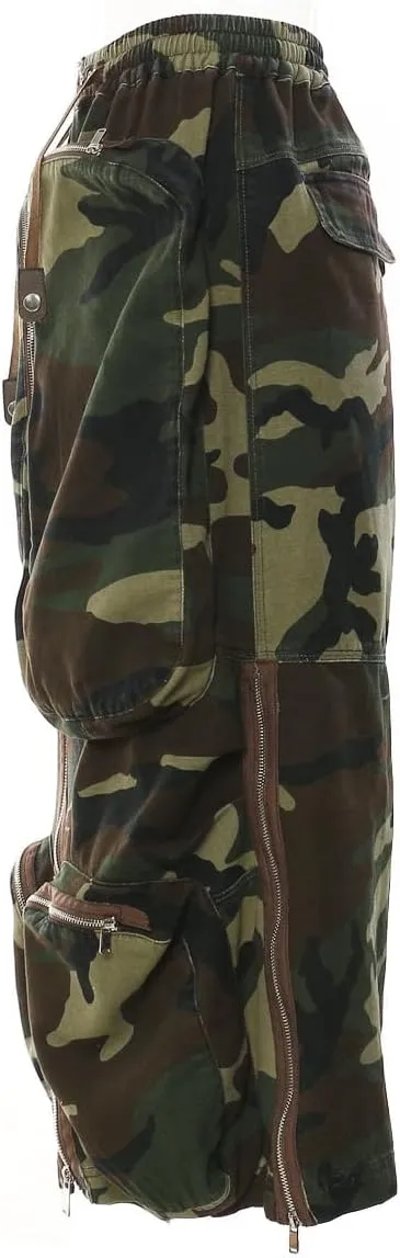 Camo Skirts for Women High Waisted Cargo Long Skirts Stretchy Drawstring Swing Maxi Skirt with Pockets