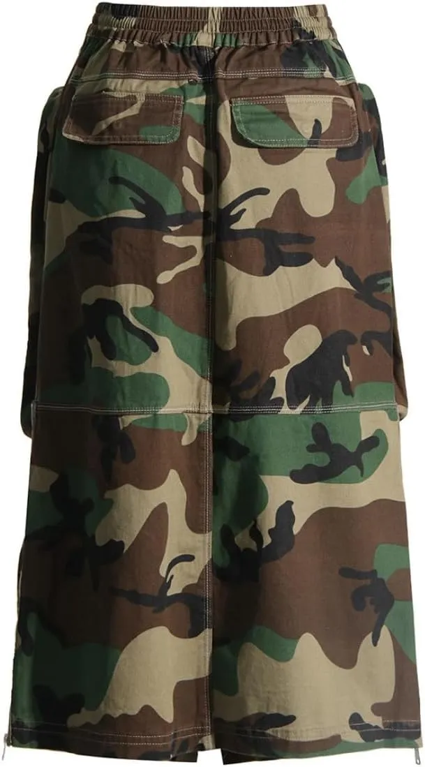 Camo Skirts for Women High Waisted Cargo Long Skirts Stretchy Drawstring Swing Maxi Skirt with Pockets