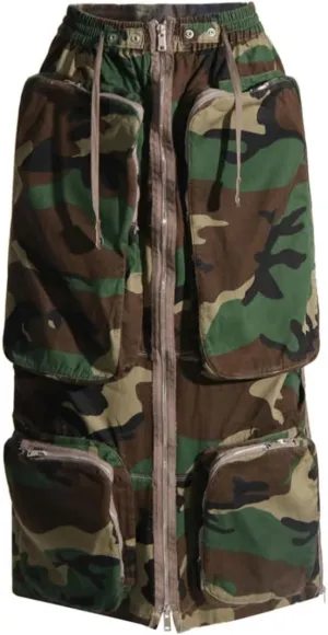Camo Skirts for Women High Waisted Cargo Long Skirts Stretchy Drawstring Swing Maxi Skirt with Pockets