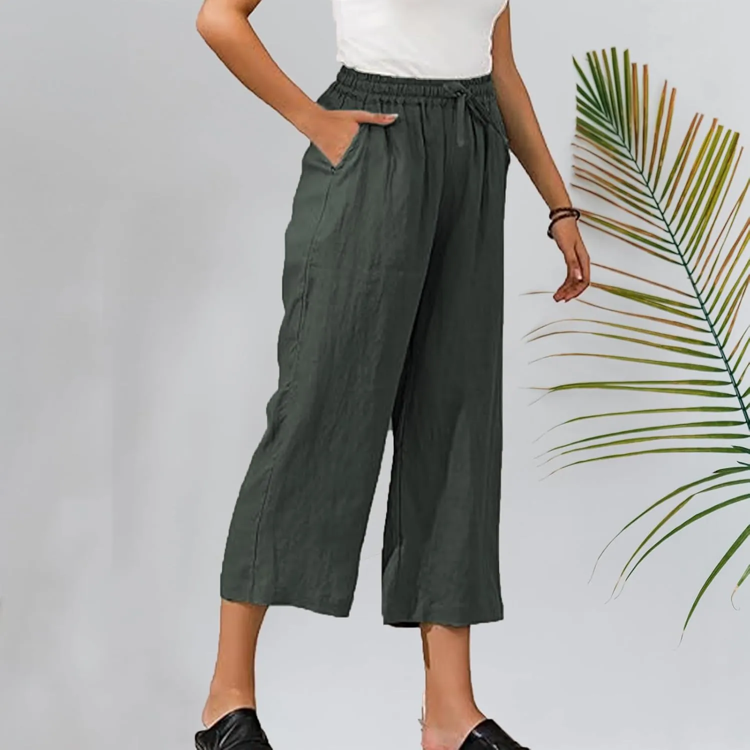 Capri Pants for Women 2025 Summer Drawstring Elastic High Waist Casual Capris Straight Wide Leg Cotton Linen Pants