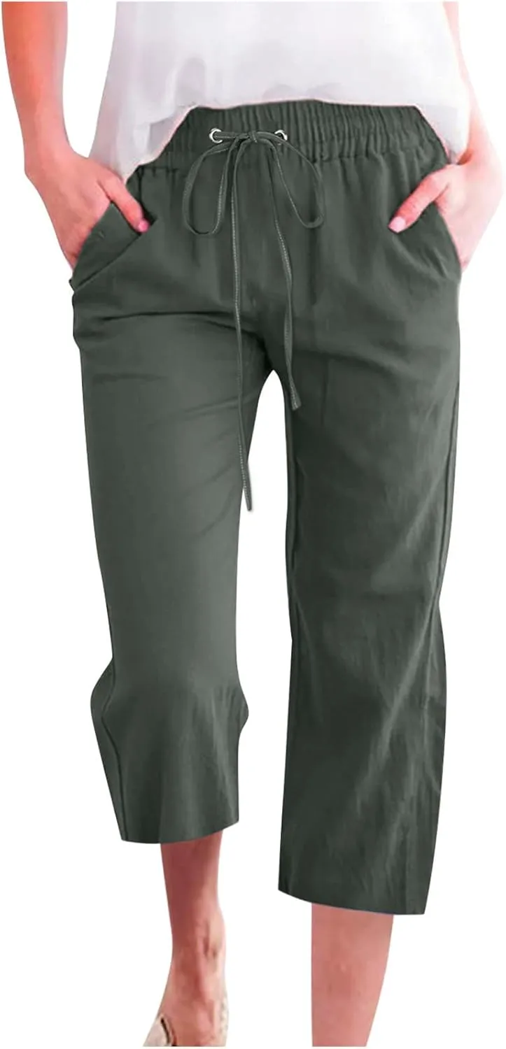 Capri Pants for Women 2025 Summer Drawstring Elastic High Waist Casual Capris Straight Wide Leg Cotton Linen Pants