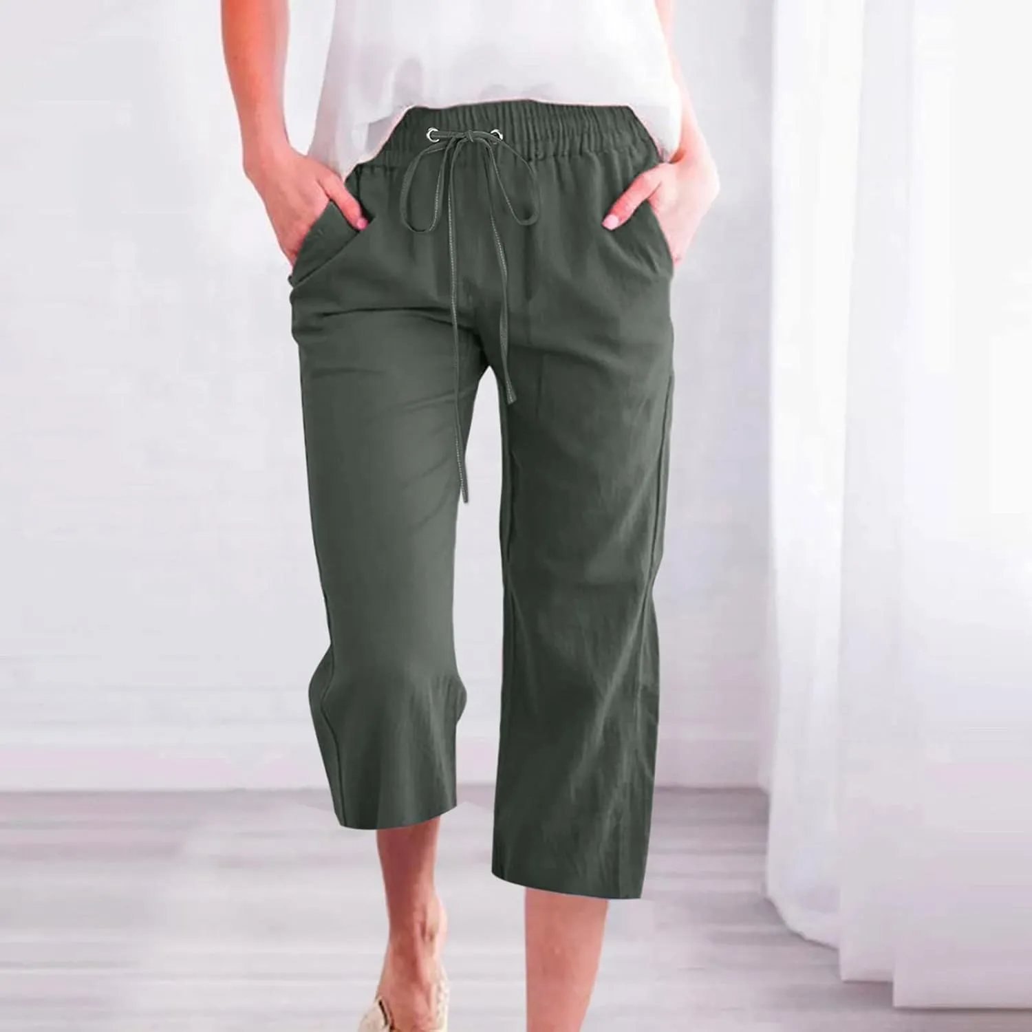 Capri Pants for Women 2025 Summer Drawstring Elastic High Waist Casual Capris Straight Wide Leg Cotton Linen Pants