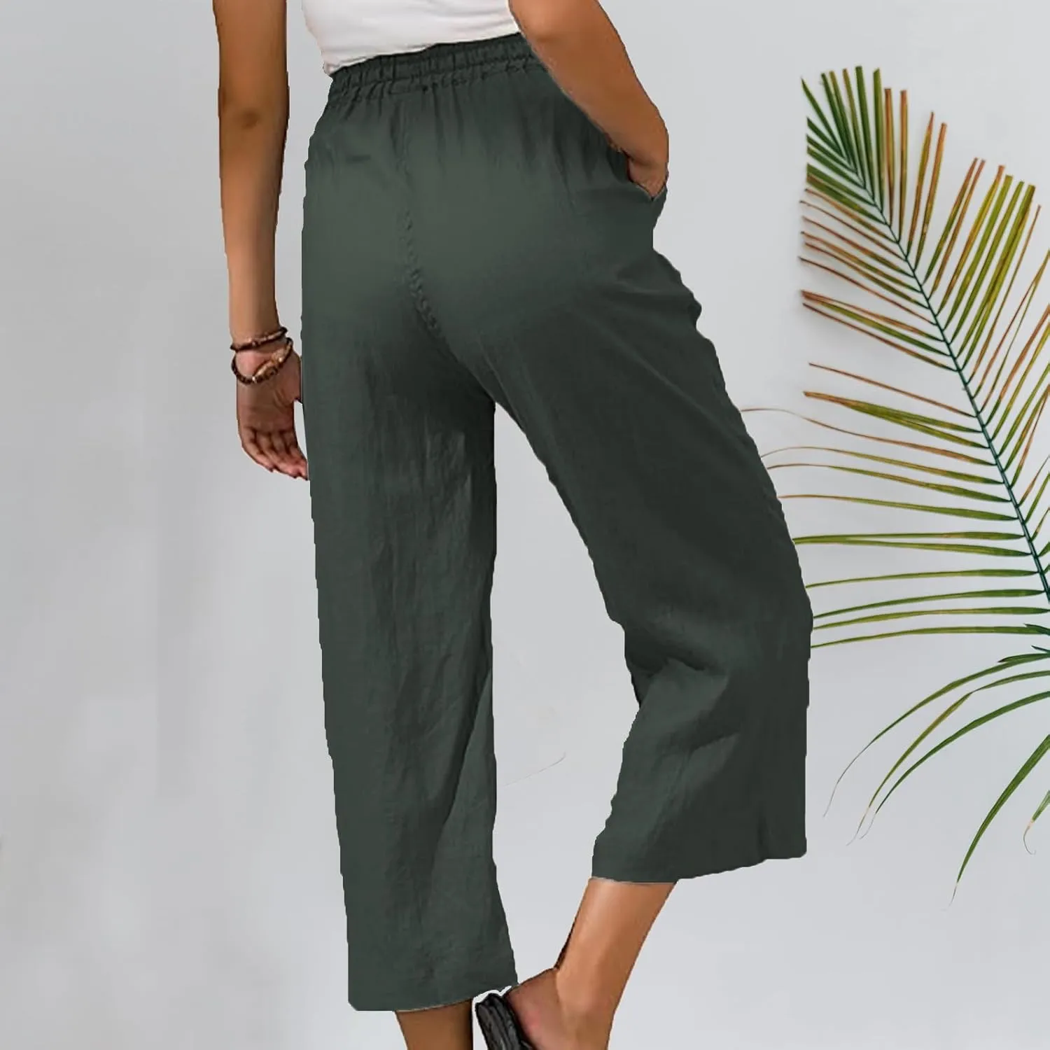 Capri Pants for Women 2025 Summer Drawstring Elastic High Waist Casual Capris Straight Wide Leg Cotton Linen Pants